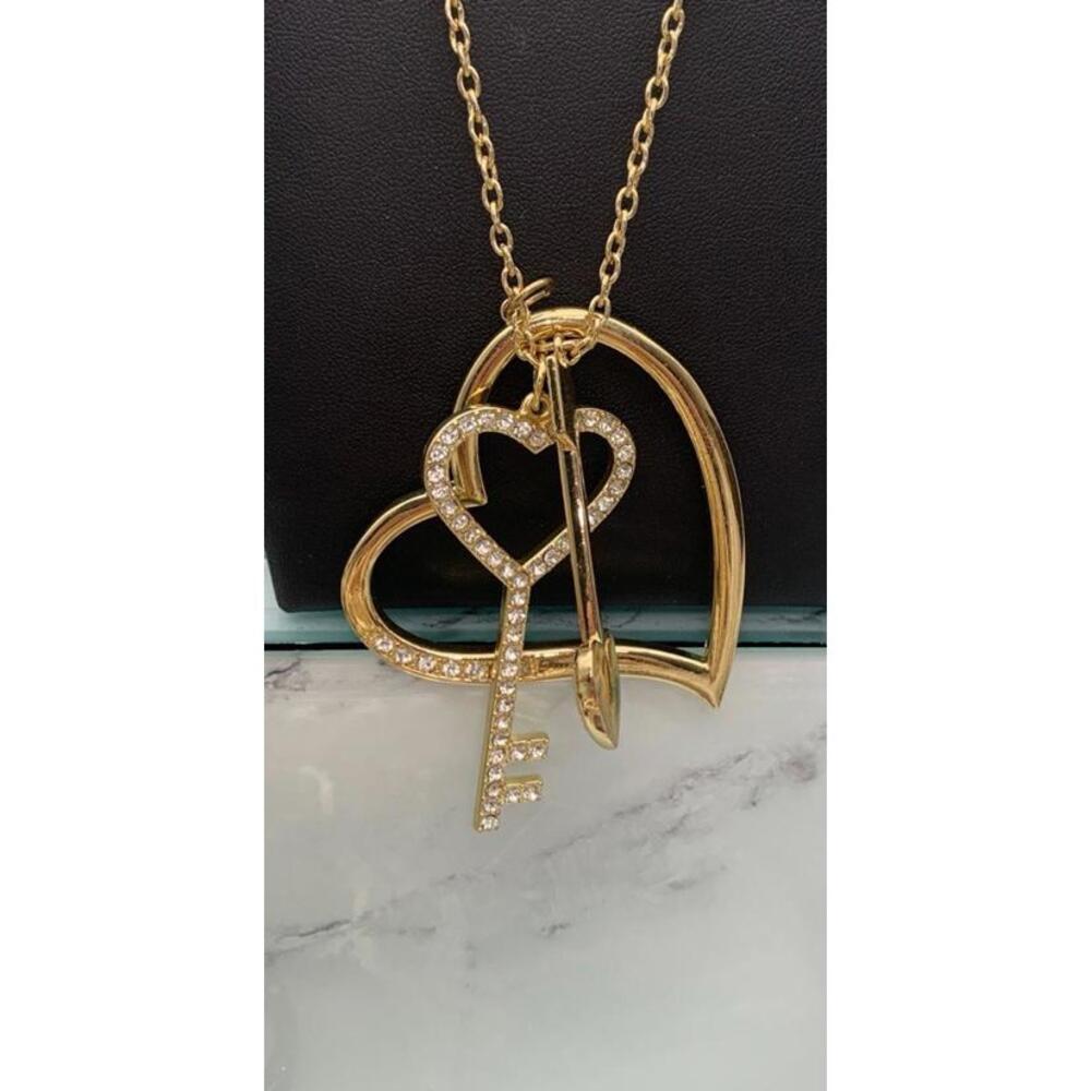 Gold Tone And Clear Rhinestone Large Pendants Heart And Key Necklace 36”